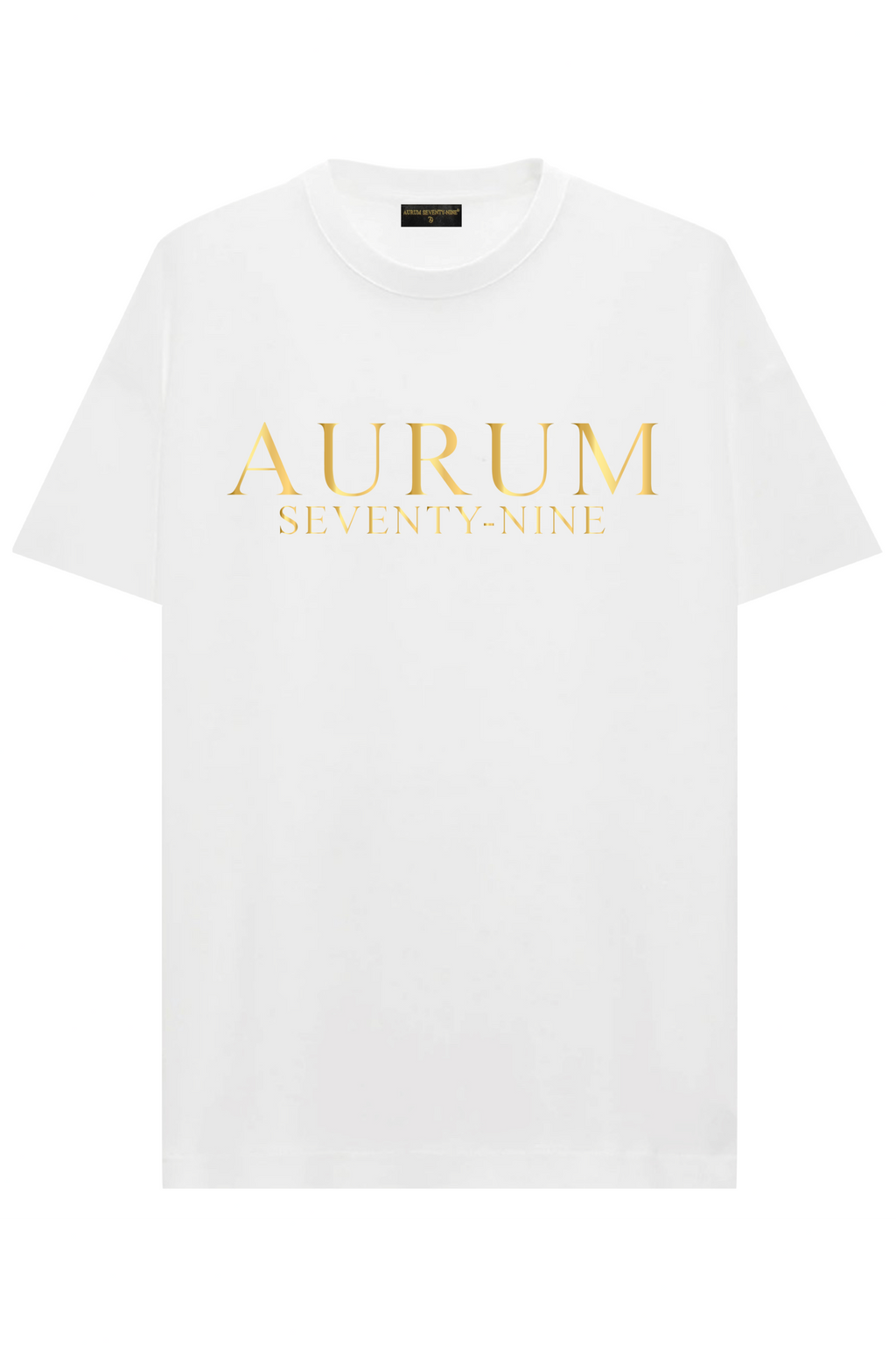 Aurum Seventy-nine: T-shirt Round Neck Aurum Classic White, vista frontalmente, con logo dorato al centro del petto e girocollo a costina, in cotone jersey mercerizzato.