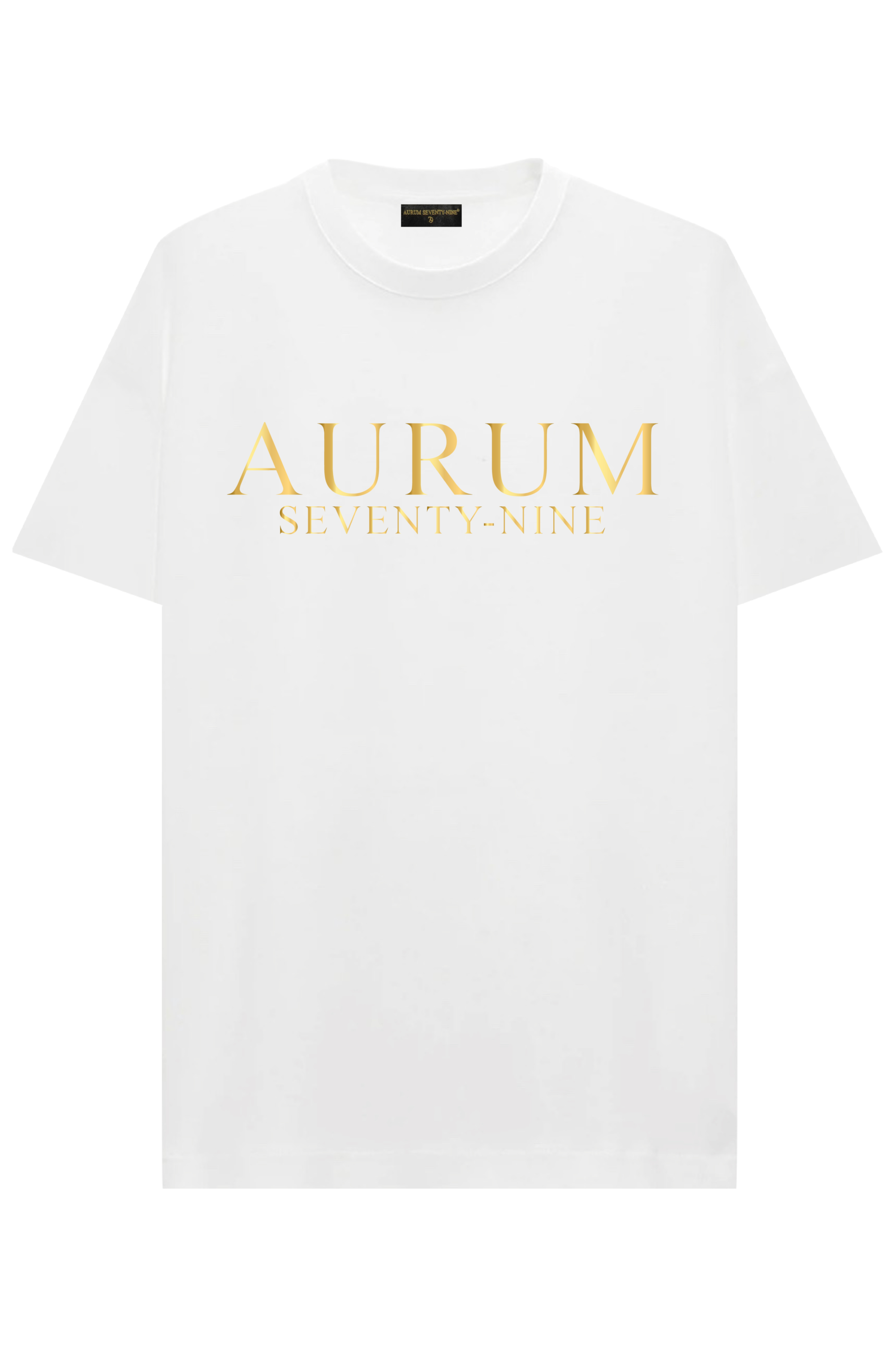 Aurum Seventy-nine: T-shirt Round Neck Aurum Classic White, vista frontalmente, con logo dorato al centro del petto e girocollo a costina, in cotone jersey mercerizzato.