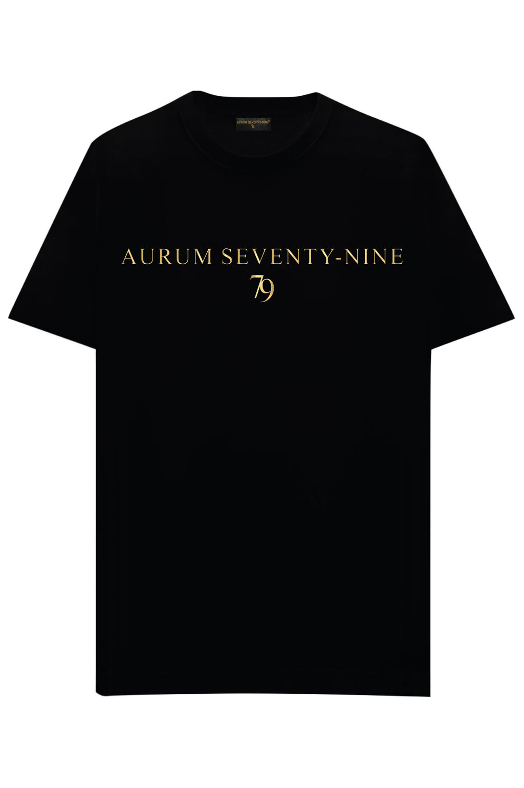 Aurum Seventy-nine: T-shirt Round Neck Aurum 79 Classic Black, vista frontalmente, con logo dorato al centro del petto e girocollo a costina, in cotone jersey mercerizzato.