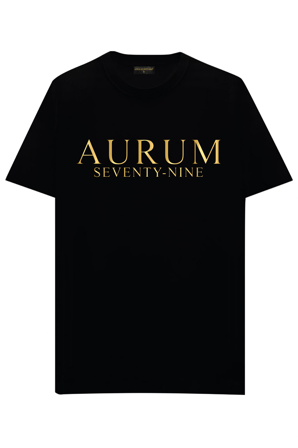 Aurum Seventy-nine: T-shirt Round Neck Aurum Classic Black, vista frontalmente, con logo dorato al centro del petto e girocollo a costina, in cotone jersey mercerizzato.