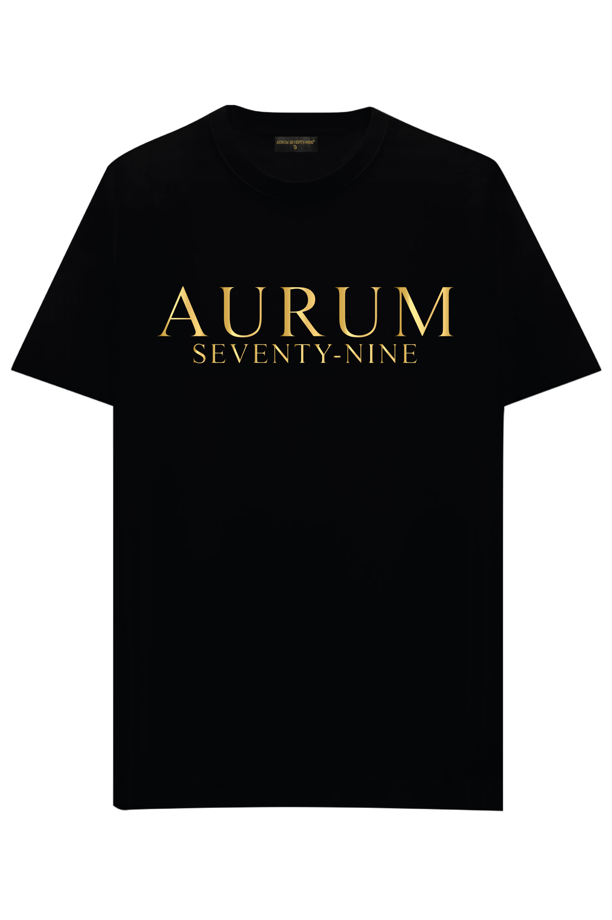 Aurum Seventy-nine: T-shirt Round Neck Aurum Classic Black, vista frontalmente, con logo dorato al centro del petto e girocollo a costina, in cotone jersey mercerizzato.